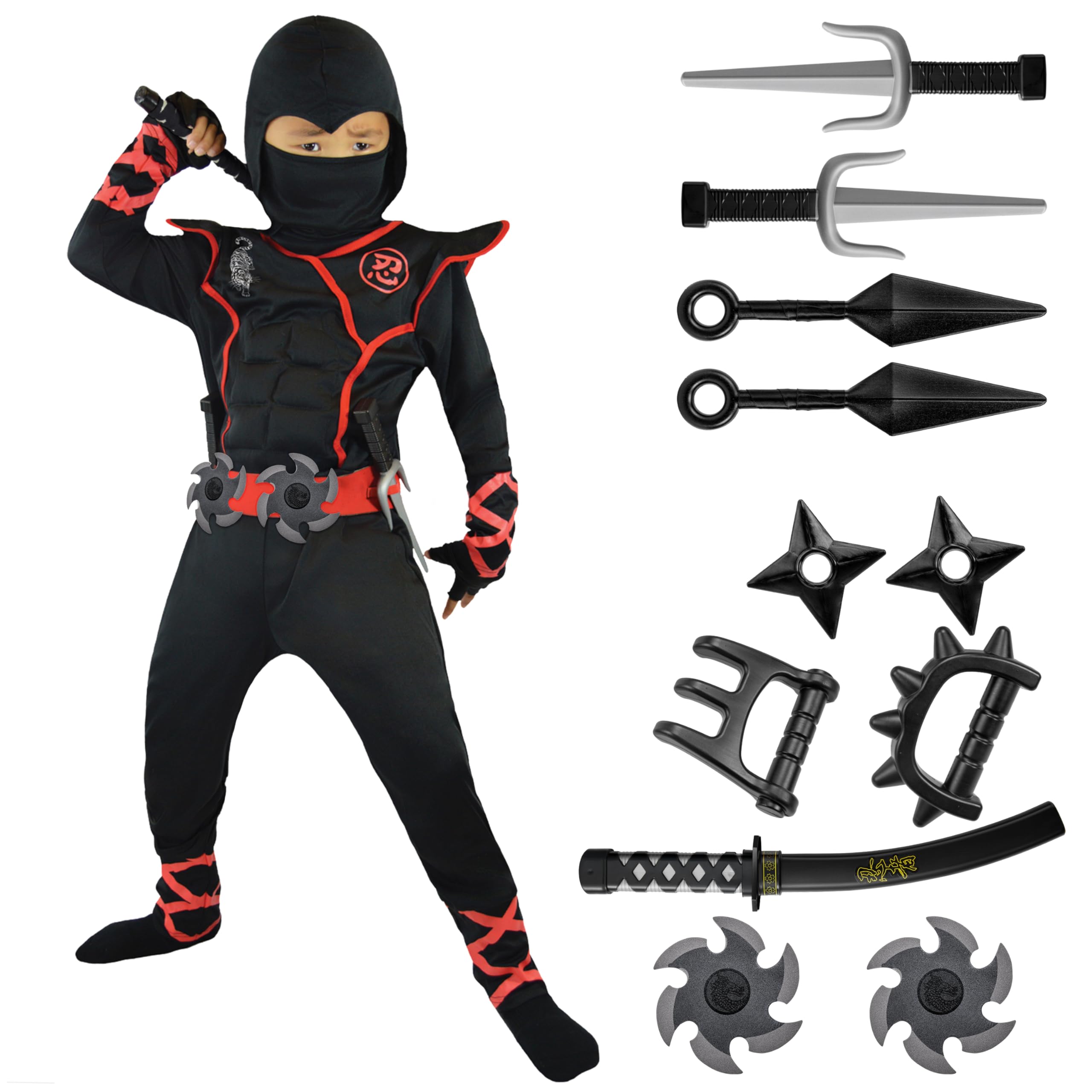 PATPAT® Kids Ninja Costume Set with Toy Props, Black Jumpsuit with Red Accents, Includes Swo*d, Throwing Stars & Accessories, Ideal for Halloween, Dress-Up & Pretend Play, Size 110