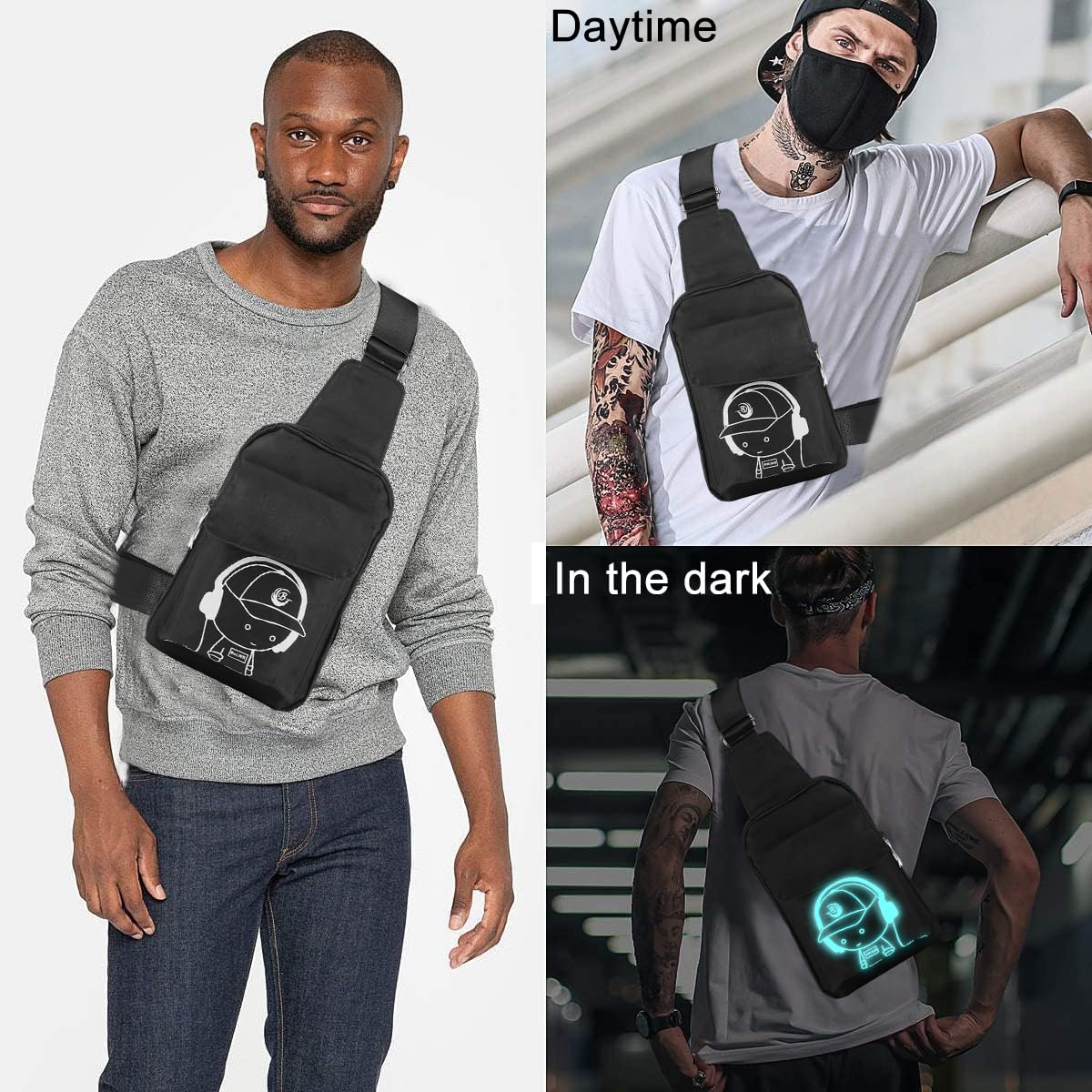 GUSTAVE Sling Bag for Travel and Daily Use with USB Charging Port and 12x3x17.5cm Design | Black Luminous Pattern for Men