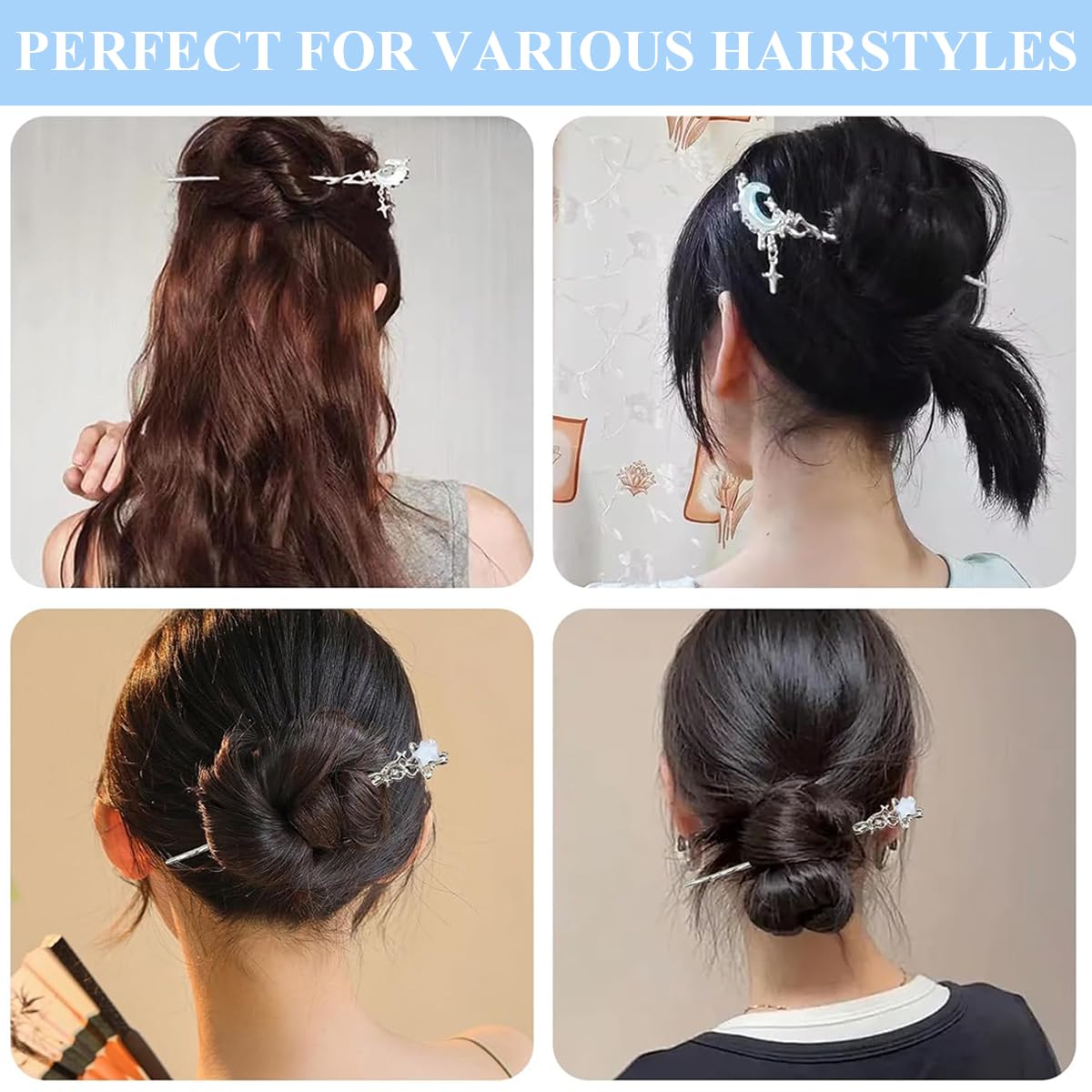 SANNIDHI Hair Sticks for Bun with 7 in Crescent Star Charm Metal Alloy Design | Women Updo Accessory