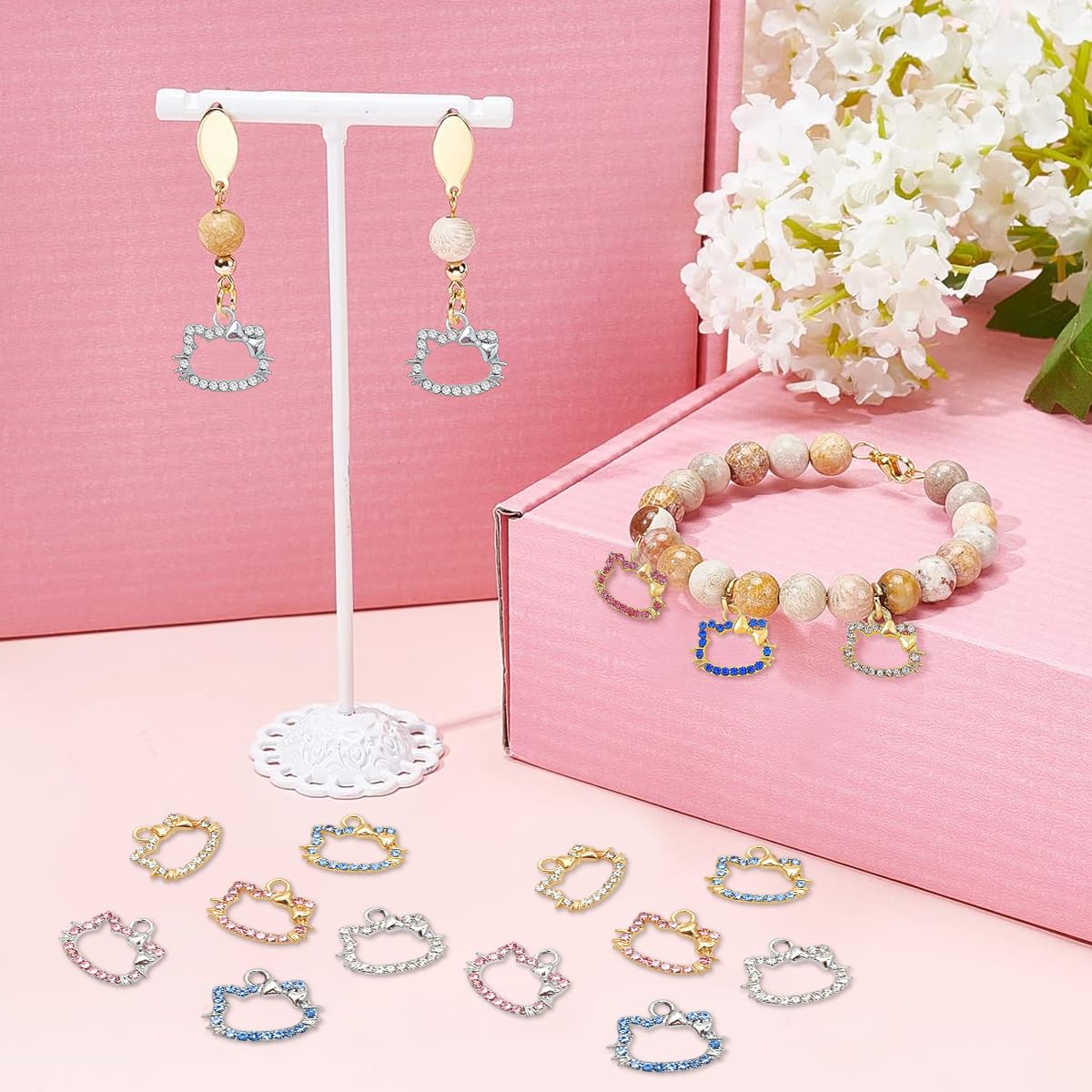 SANNIDHI Cat Charms for Bracelet Making featuring 12pcs Rhinestone Loop Pendants | DIY Jewelry