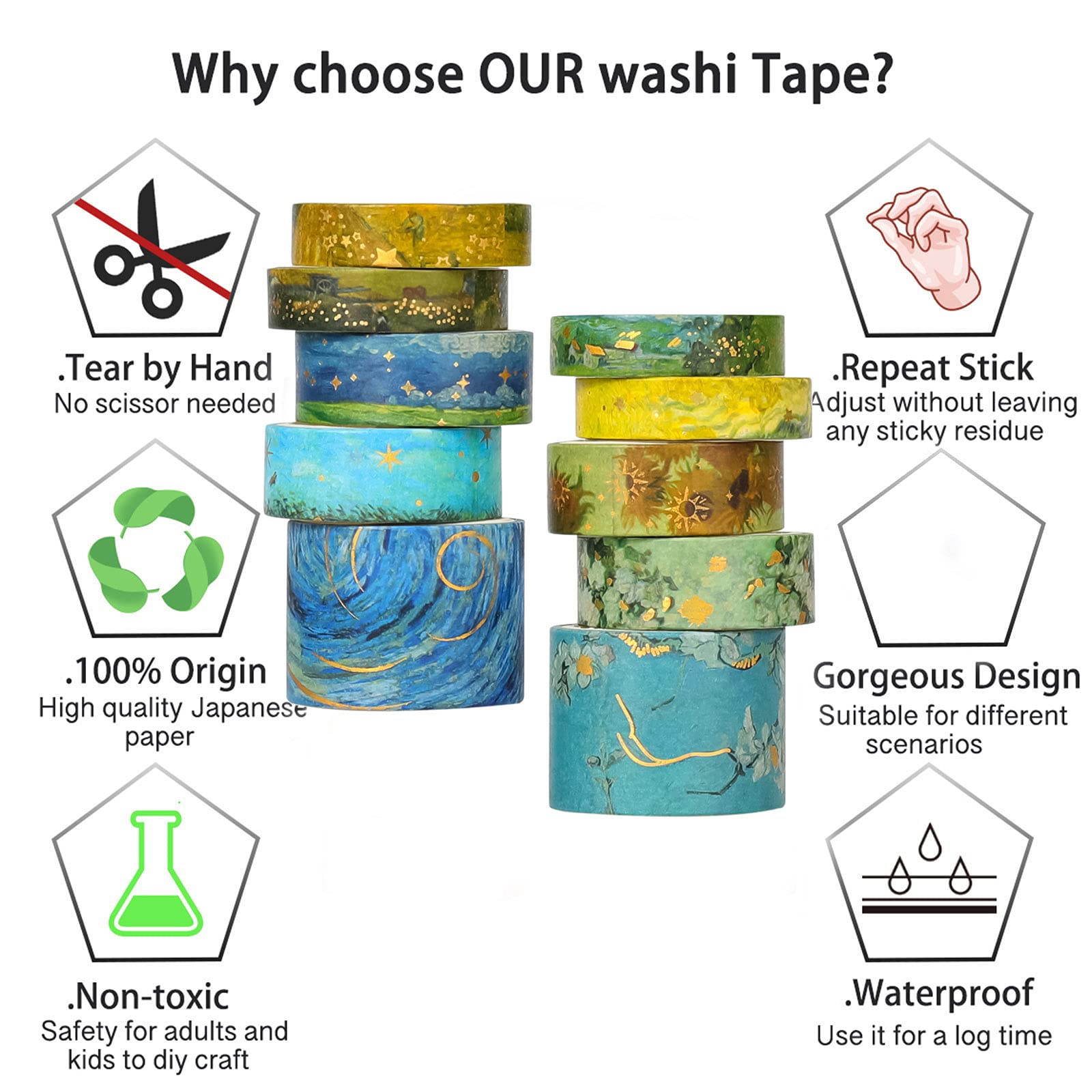 HASTHIP Washi Tape Set for Journaling and Scrapbooking with 10 Rolls 3 m Each | Aesthetic Countryside Oil Painting Designs