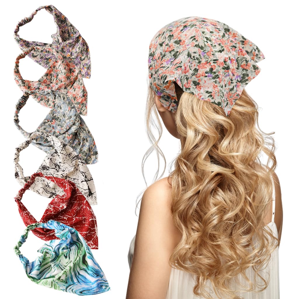 MAYCREATE Head Scarf Set for Women featuring Elastic Fit and Soft Silk Chiffon | 6Pcs Boho Floral Hair Wraps
