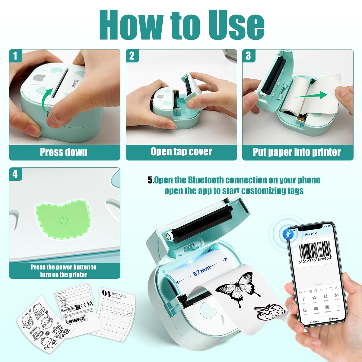 ZEITEL Mini Printer for Mobile with 20 mm/s Bluetooth Printing | Includes 3 Rolls HD Paper