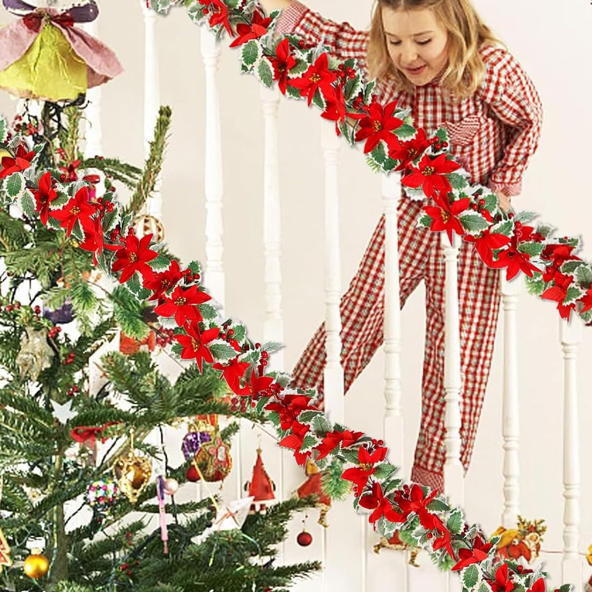 HASTHIP Christmas Garland 5.8 ft for Tree Door and Wall featuring Velvet Poinsettias & Holly | Festive Home Decor
