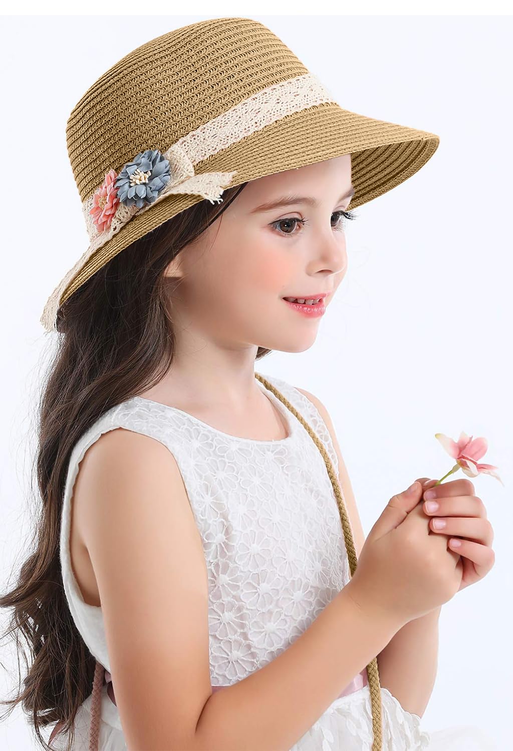 SNOWIE SOFT Straw Hat for Kids with Mini Shoulder Bag featuring Floral Lace Bowknot | Ideal for Girls Beach and Summer Outings