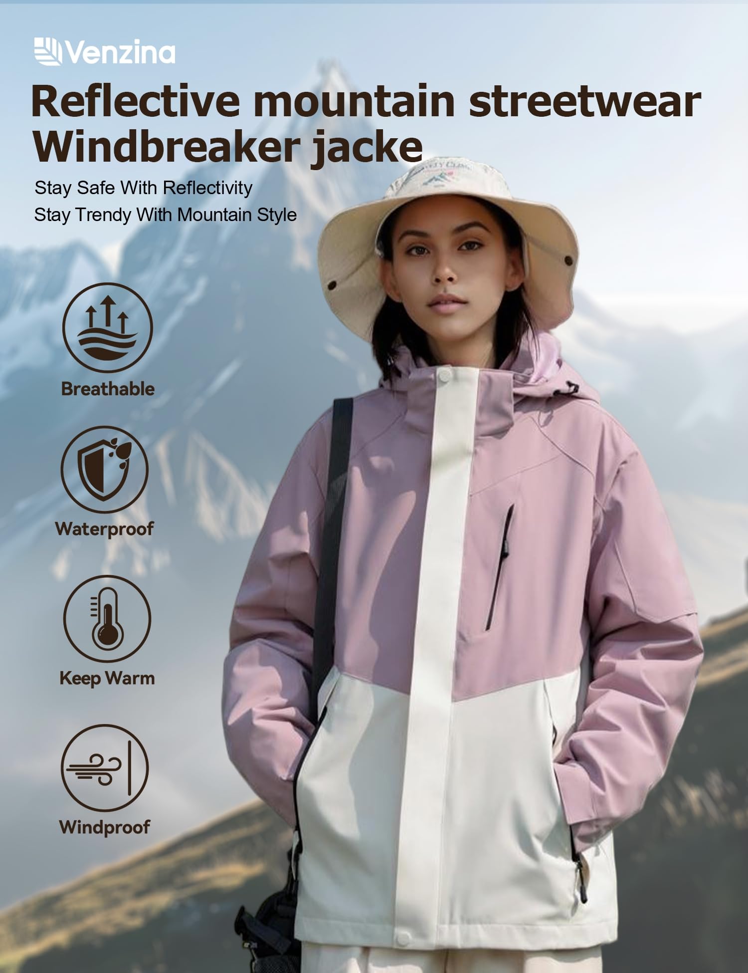 Venzina Women's Water Repellent Jacket for Hiking and Daily Commute with Reflective Design | Lightweight Breathable Windbreaker in Purple