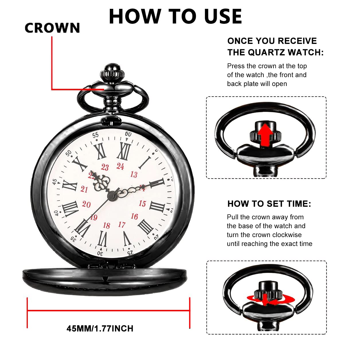 HASTHIP Pocket Watch for Son Gift featuring 4.8 cm Dial and Detachable Chain | Black Alloy