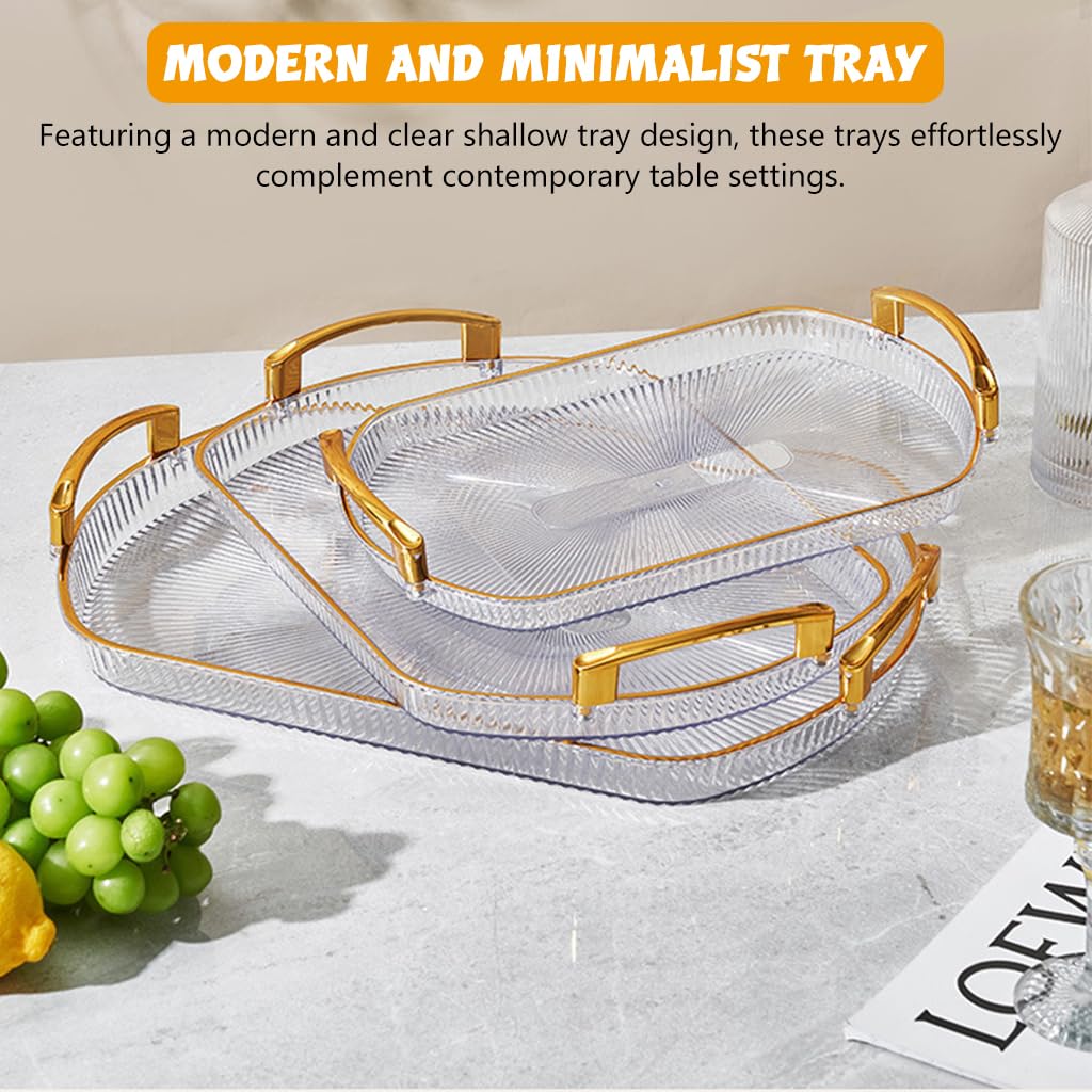 HASTHIP Silicone Round Serving Tray Set of 3 with Golden Handles for Snacks and Fruits | Transparent Resin Design for Elegant Dining