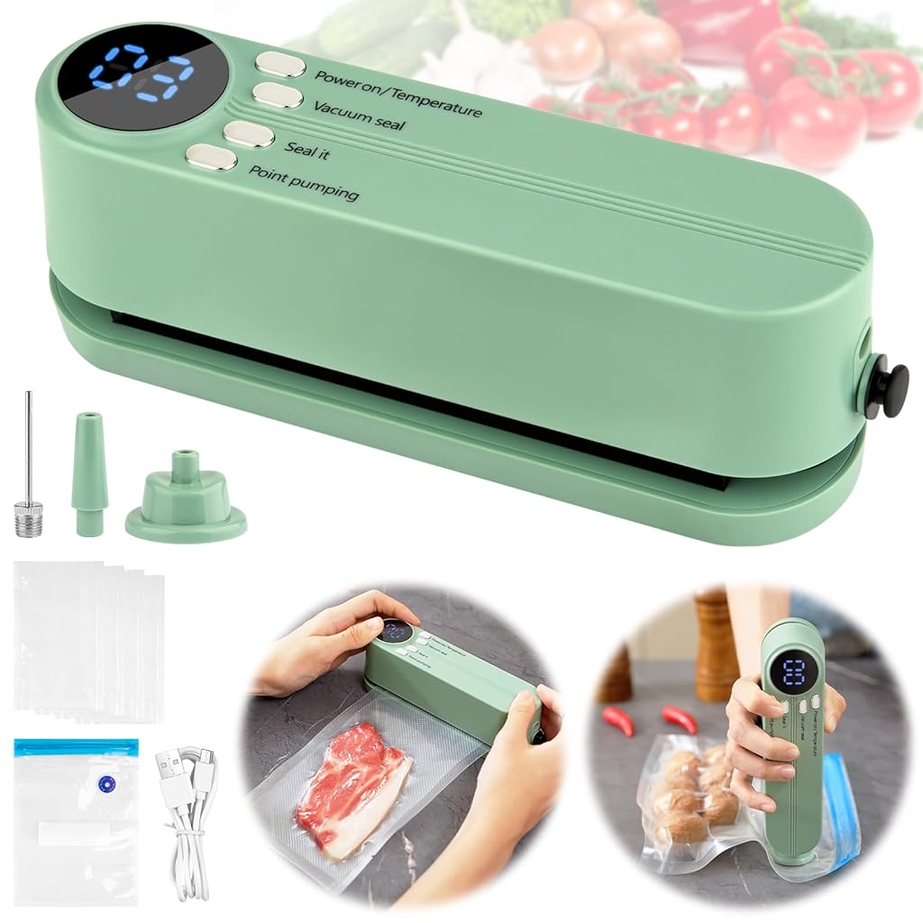 HASTHIP® Mini Vacuum Sealer for Food, 3 in 1 Cordless Rechargeable for Dry/Moist Food Storage with 4 Snack Bags, Green