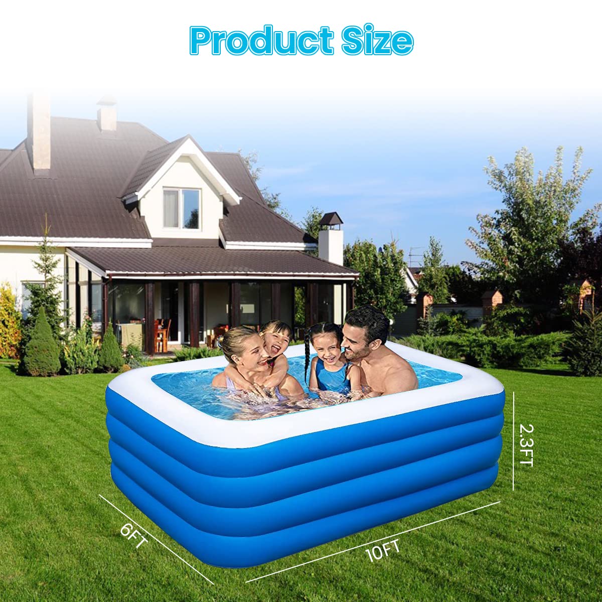 Proberos Inflatable Swimming Pool for Kids with 4 Chamber Design and Thicken PVC 10×6×2.3ft