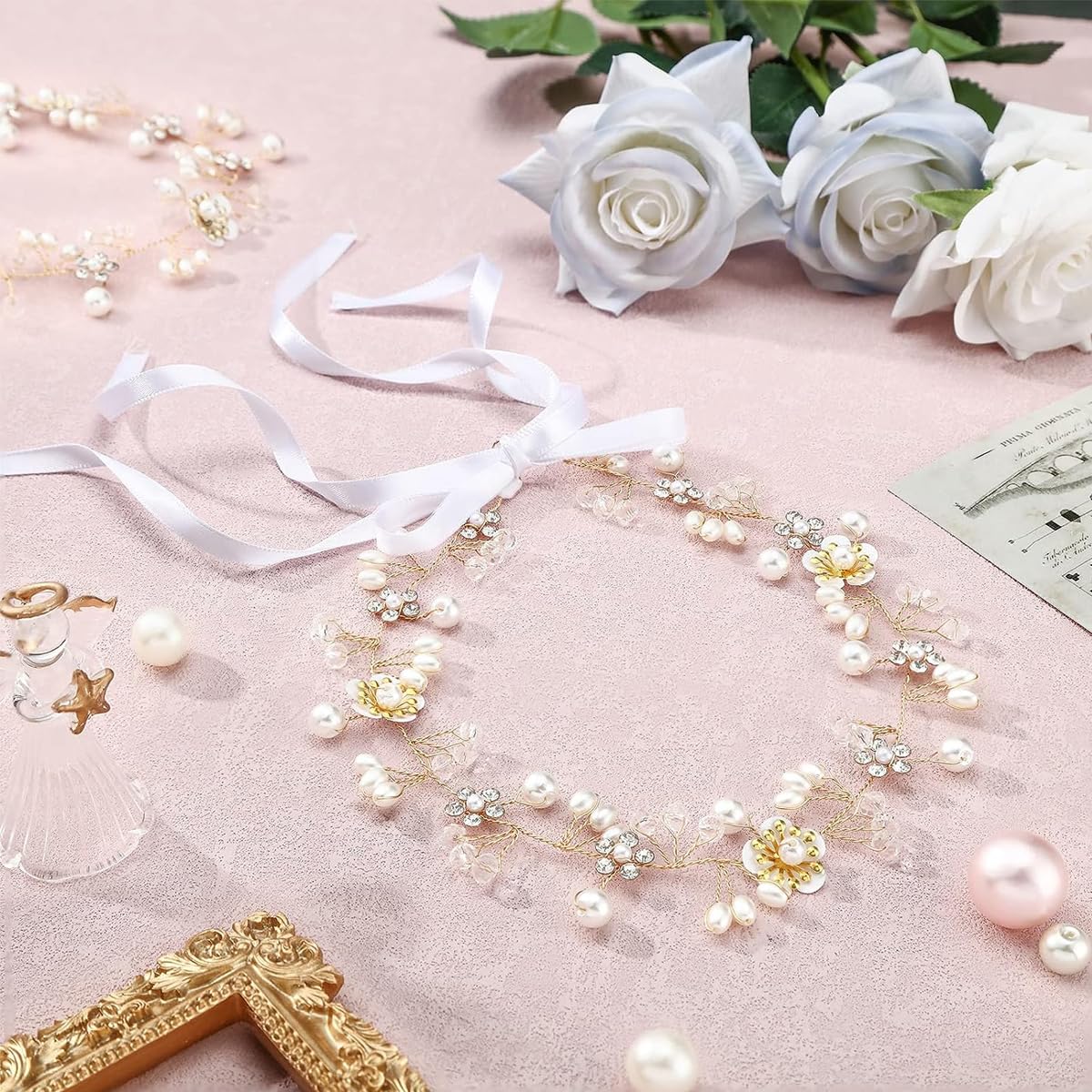 SANNIDHI Princess Hairband Tiara for Girls featuring Floral Pearls and Ribbon Tie | Ideal for Weddings and Parties