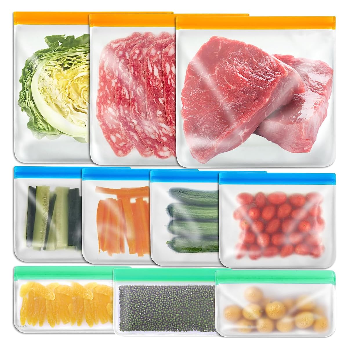 Supvox Reusable Ziplock Bags for Food with Secure Sealing Strips and 10 Pack EVA Set | Dishwasher Safe Storage
