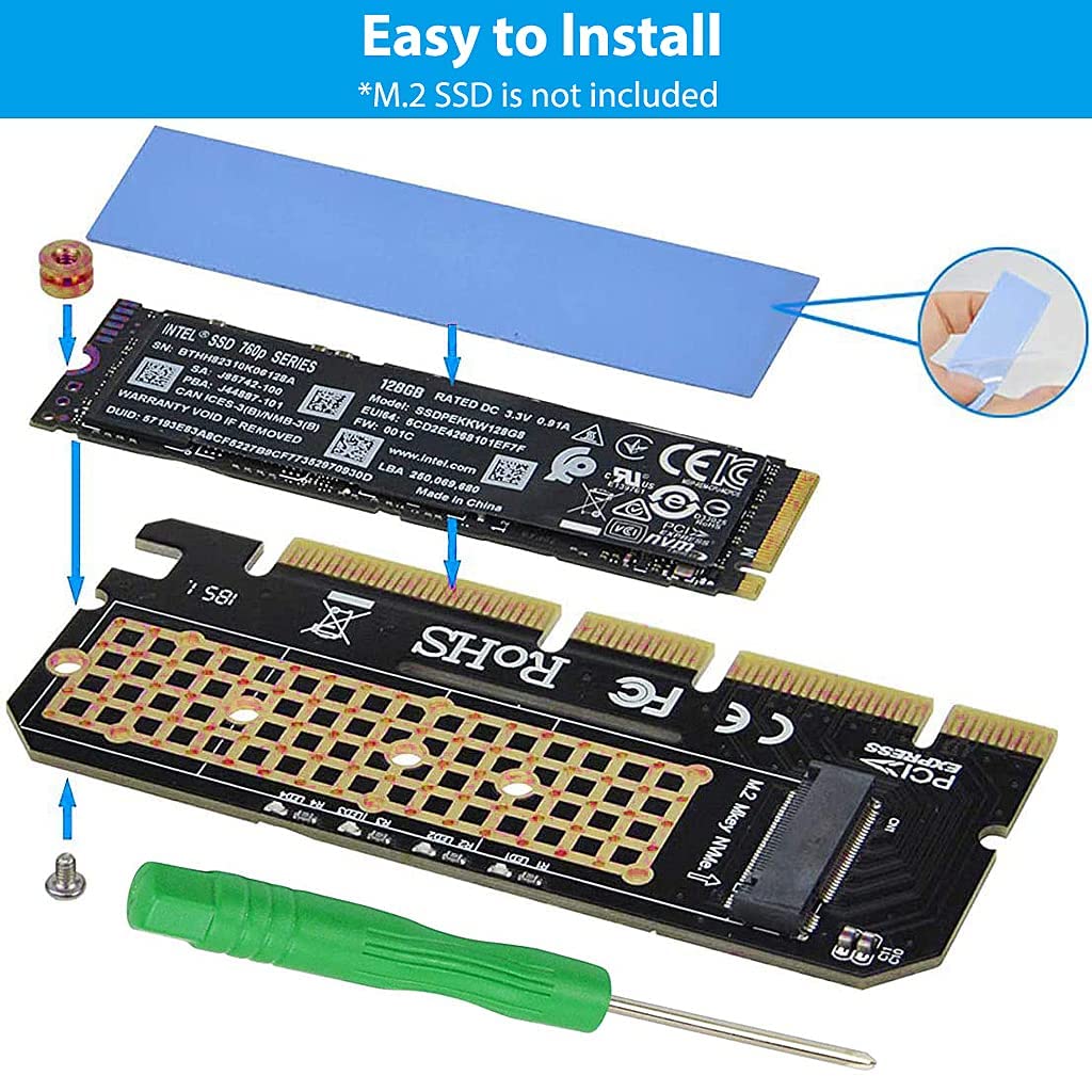 Verilux NVME Adapter PCIe x16 with Gel Pad, M.2 NVME to PCIE 3.0 Adapter Card for Key M 2230, 2242, 2260, 2280 Size M.2 SSD, Support PCIe x4 x8 x16 Slot (Not Support AHCI SSD, Key B,Key B+M