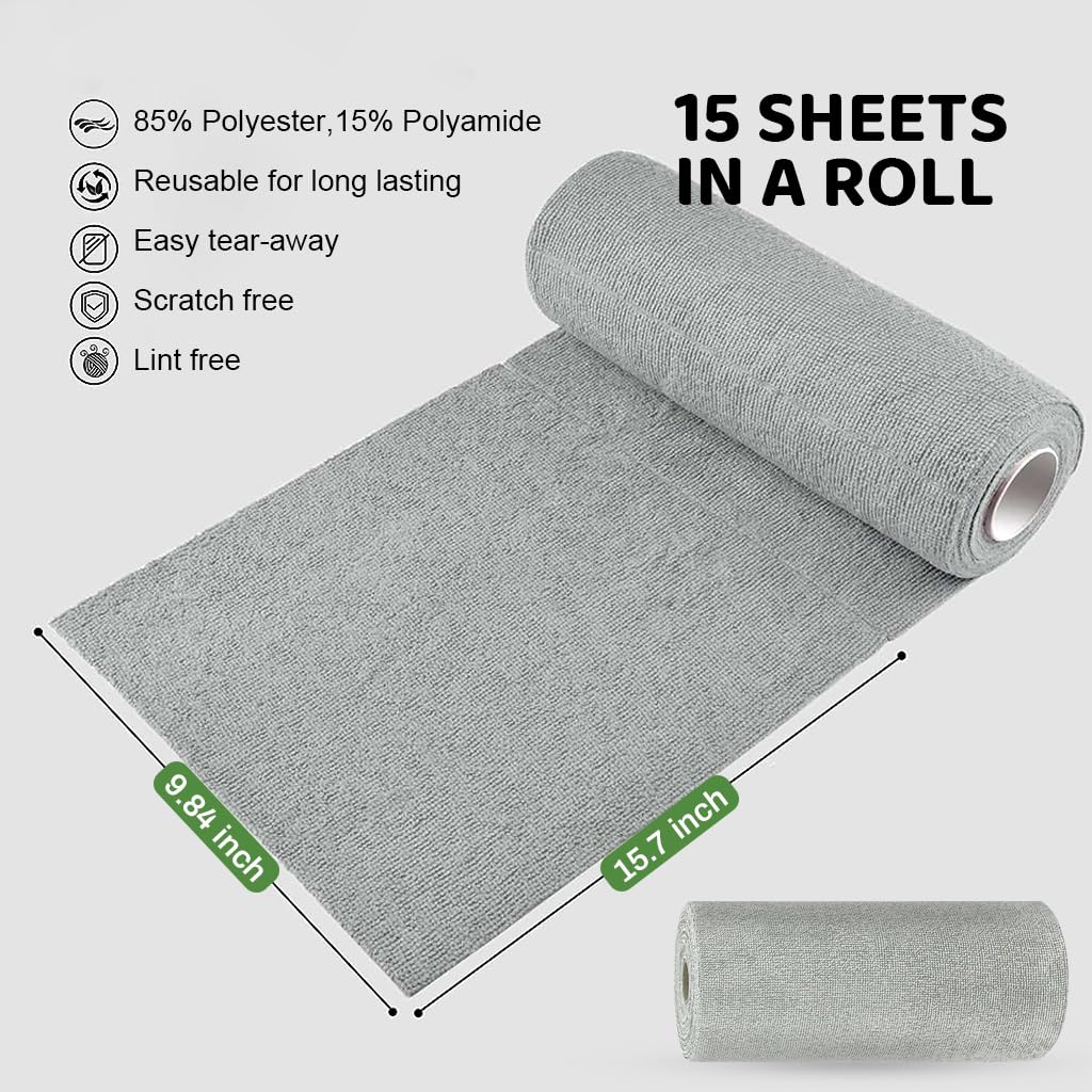 HASTHIP Microfiber Cleaning Cloth Roll for Kitchen with Pre-Cut Tear Away Design 15 Count 25x40cm Grey