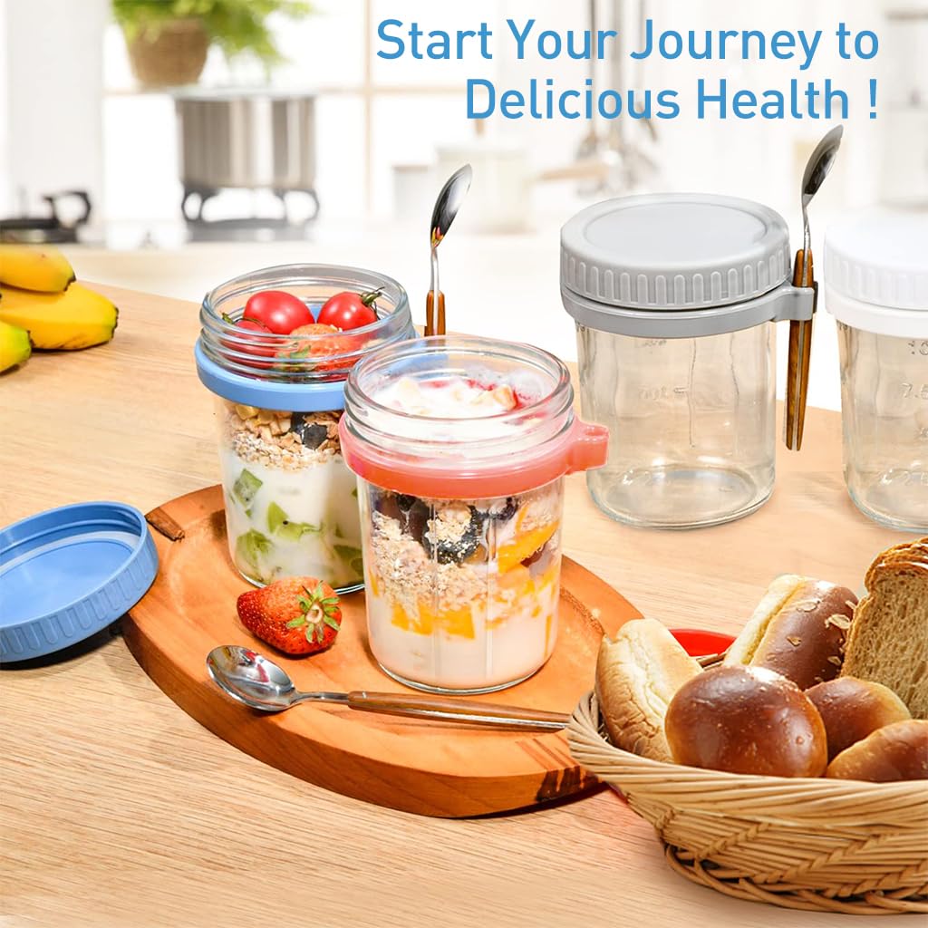 Supvox Overnight Oats Containers for Breakfast with 12oz Glass Jars and Anti Leak Lids | Set of 4