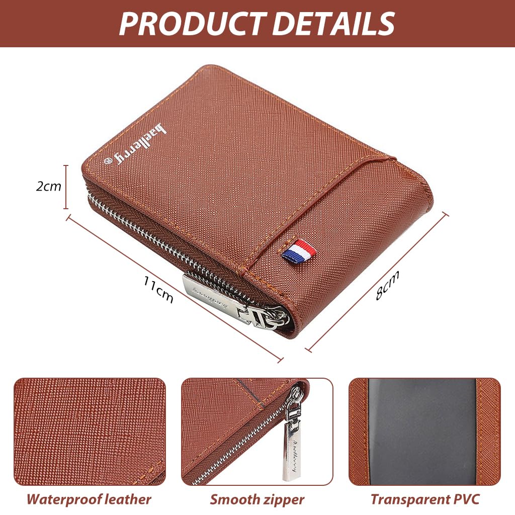 ZIBUYU Mens Wallet with 9 Card Slots and Zipper Coin Purse featuring PU Leather Brown Design | Ideal for Business or Birthday Gift