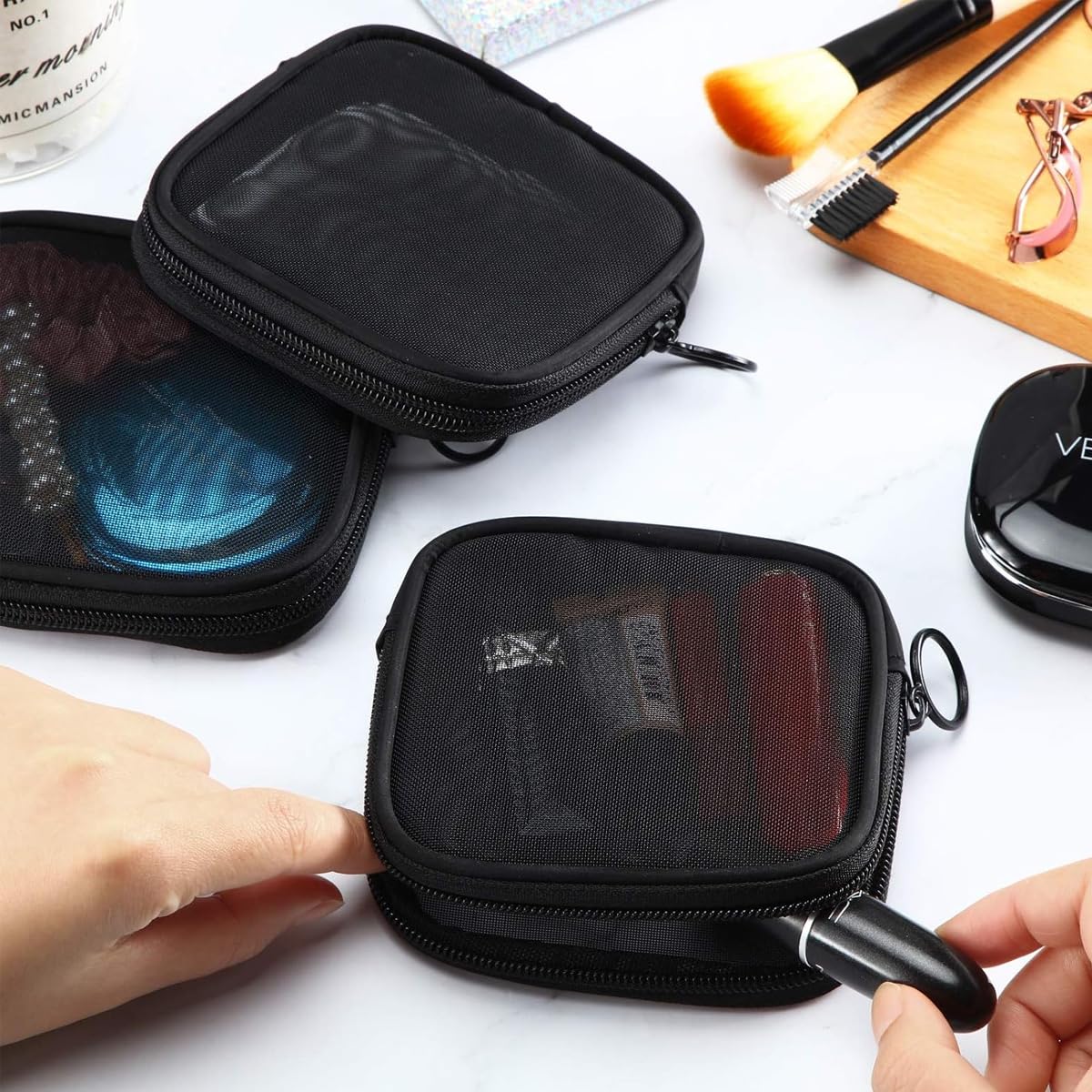 MAYCREATE Makeup Bag for Travel and School featuring Secure Zipper Closure | Black Nylon 4.7 in Portable Pouch