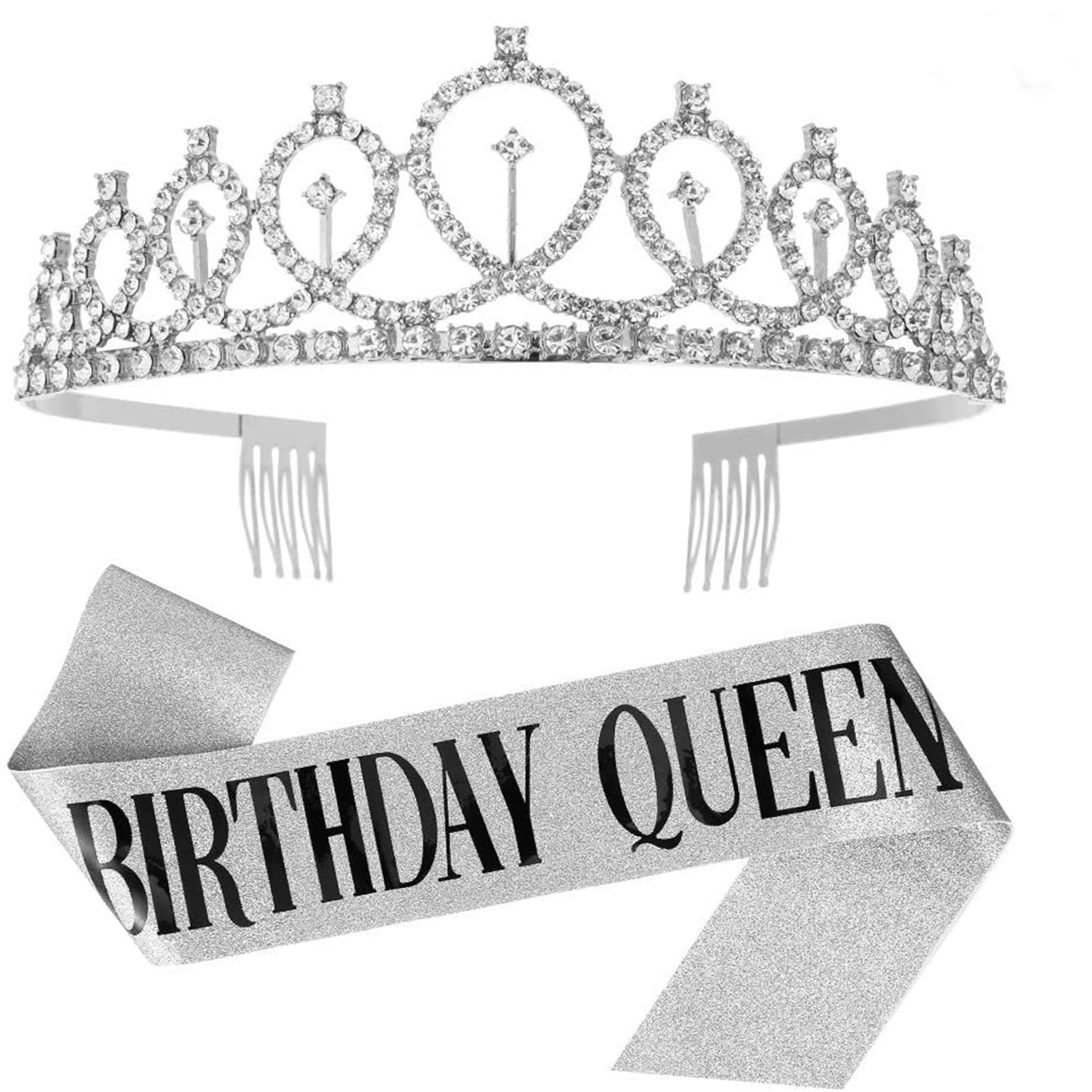 SNOWIE SOFT Birthday Queen Rhinestone Crown for 30th Party with 5.5×4.7×2 in Tiara & Sash | Silver