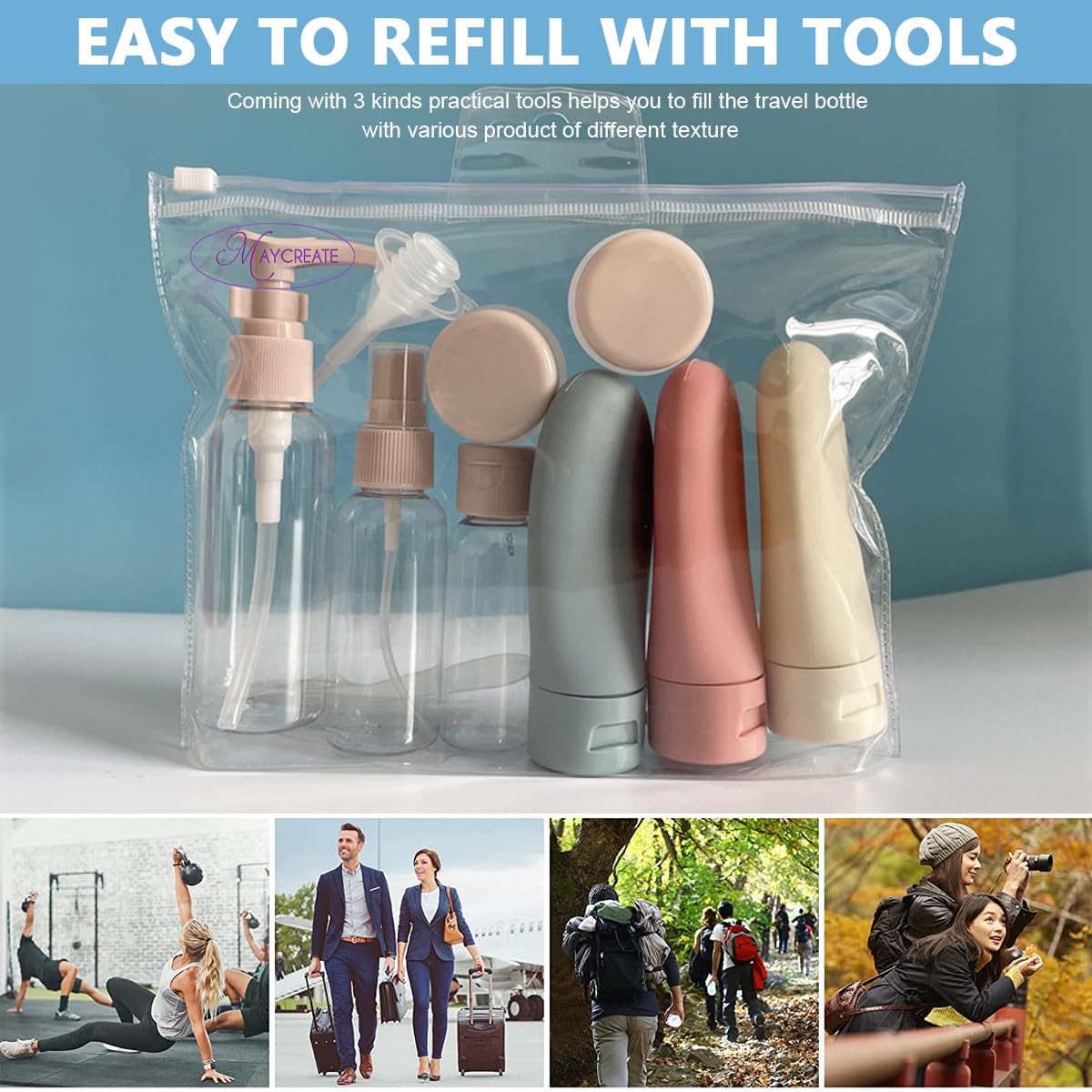 MAYCREATE Travel Bottles Set for Toiletries with 11pcs Refillable PET Containers | Leakproof and Easy to Refill