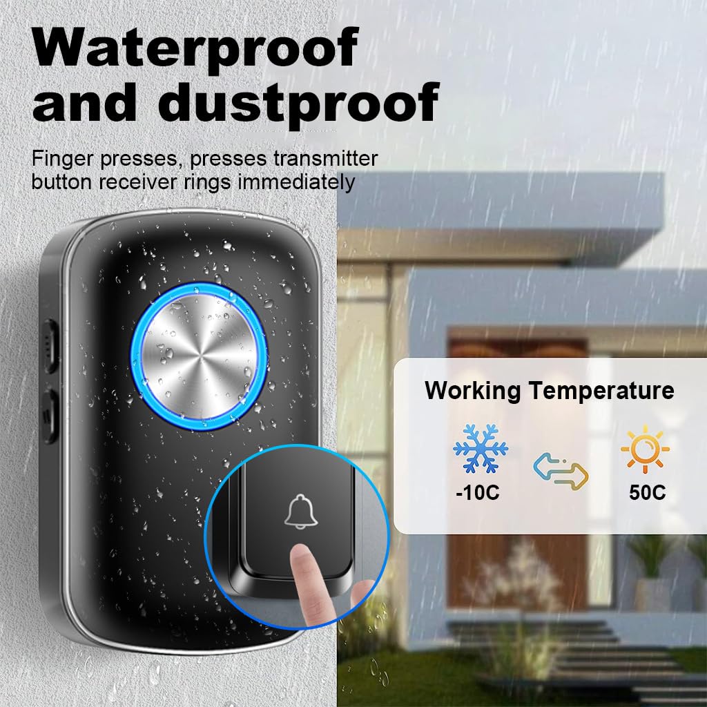 Supvox® Wireless Doorbell Kit, LED Flash Door Bell for Home Office, Self-Powered Doorbell Transmitter, 492ft Application Range, 60 Ringtone Switchable, Clear and Loud Sound, 5 Volume Level Adjustable