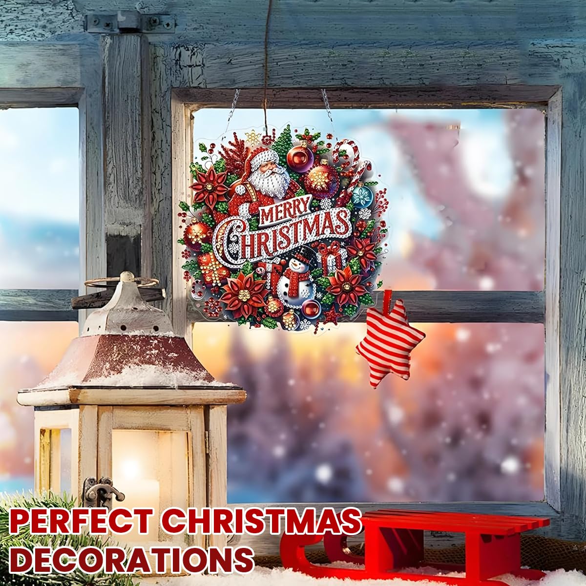 HASTHIP Diamond Art Christmas Door Sign for Festive Decor with Santa Claus 19x19cm | Sparkling Hanging Ornament Gift