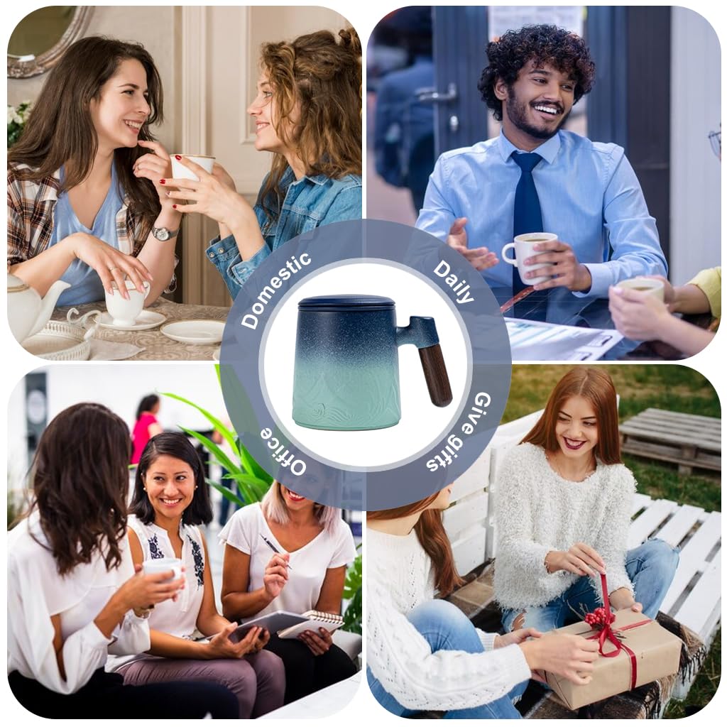 Supvox Tea Cup for Loose Leaf Brewing with 500ml Ceramic Infuser and Wooden Handle | Gradient Blue Gift Mug