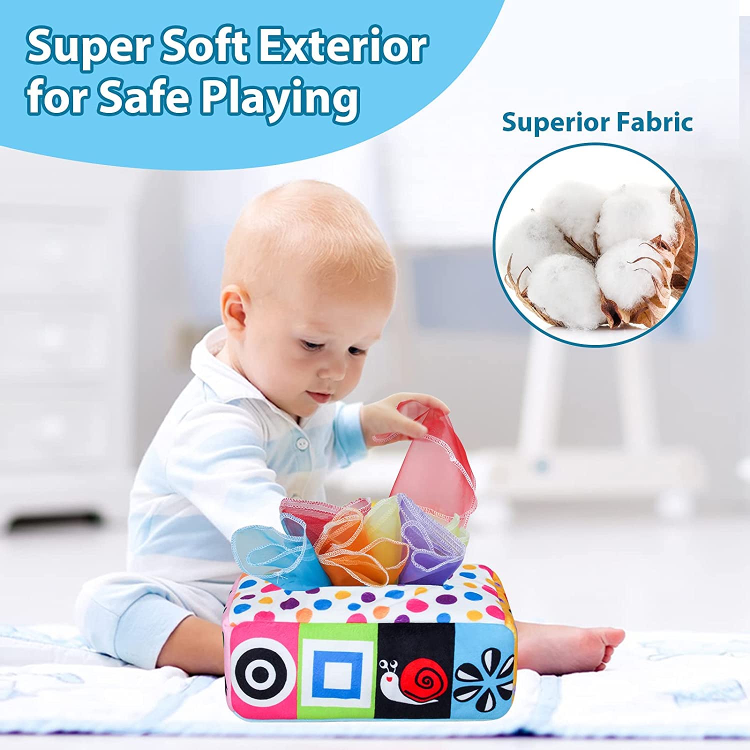 SNOWIE SOFT Baby Tissue Box Toy,Soft Stuffed High Contrast Crinkle Montessori Square Sensory Toys,Soft Toys for Toddler, Infants, Newborns and Kids Educational Preschool Learning - Colorful