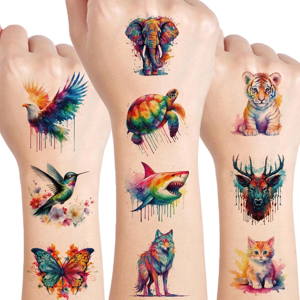 MAYCREATE® 10Pcs Tattoo Sticker Animal-themed Temporary Tattoos Watercolor Style Tattoo Sticker Sets Waterproof Party Decorative Temporary Tattoo Stickers for Arm, Face, Hands