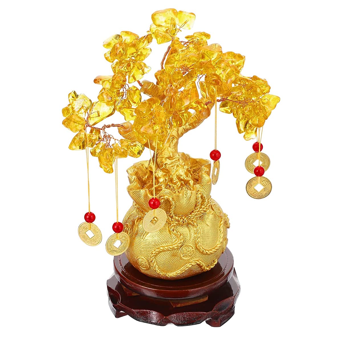 HASTHIP® Feng Shui Tree Crystal Tree of Life, Good Luck Items for Home Decor, Golden Money Tree with 6 Hanging Coin Charms, Crystals Decoration Ornament Sculpture (19X18X8cm)