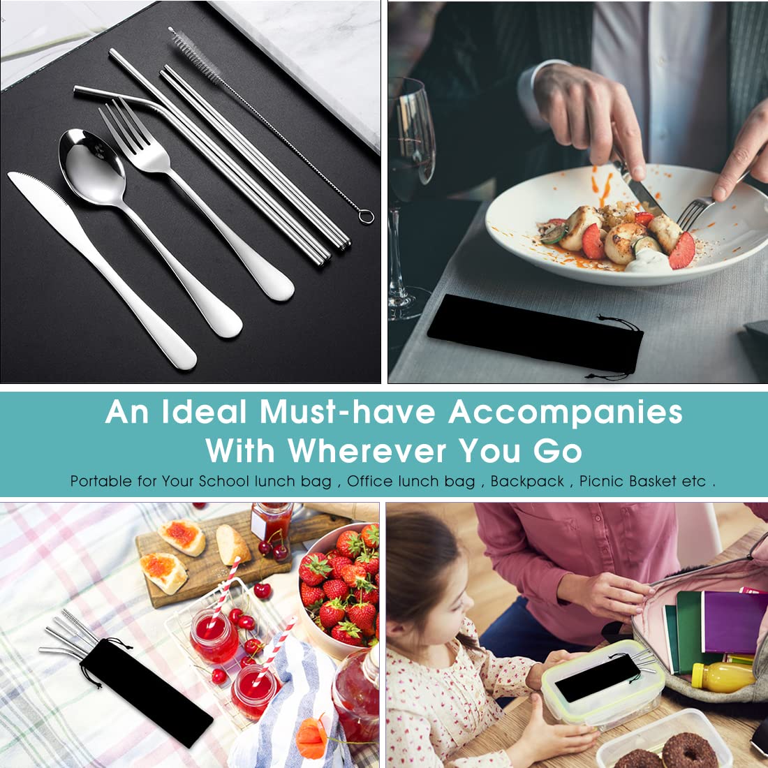 HASTHIP Cutlery Set for Travel with Portable Case and 8 Reusable 410 Stainless Steel Utensils