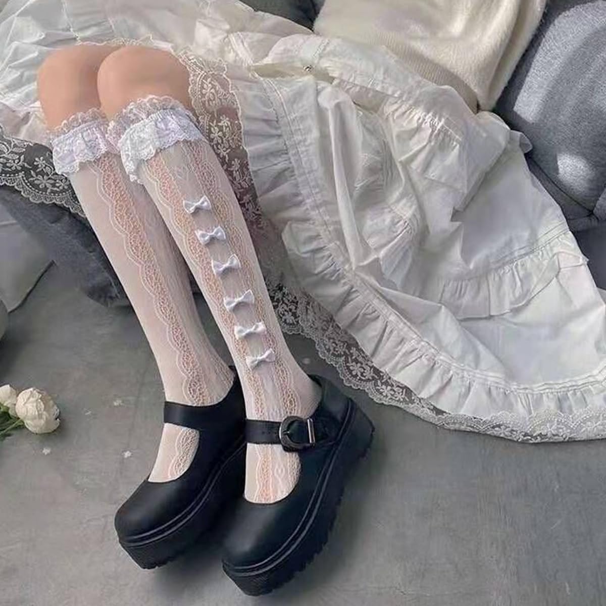 PALAY Lace Topped Calf Length Socks for Girls with Kawaii Bow Design 3 PCS | Lolita Fashion