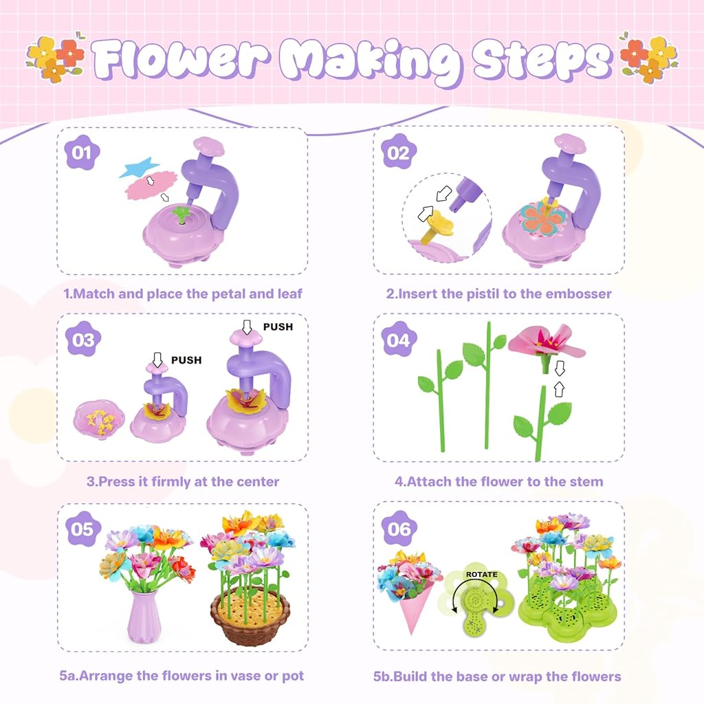 PATPAT® B0FFGNGRJW Flower Making Kit for Girls Ages 4-8, DIY Fabric Flower Bouquet Crafts Set with Storage, Multicolor, Educational Arts & Crafts Gift, Enhances Creativity