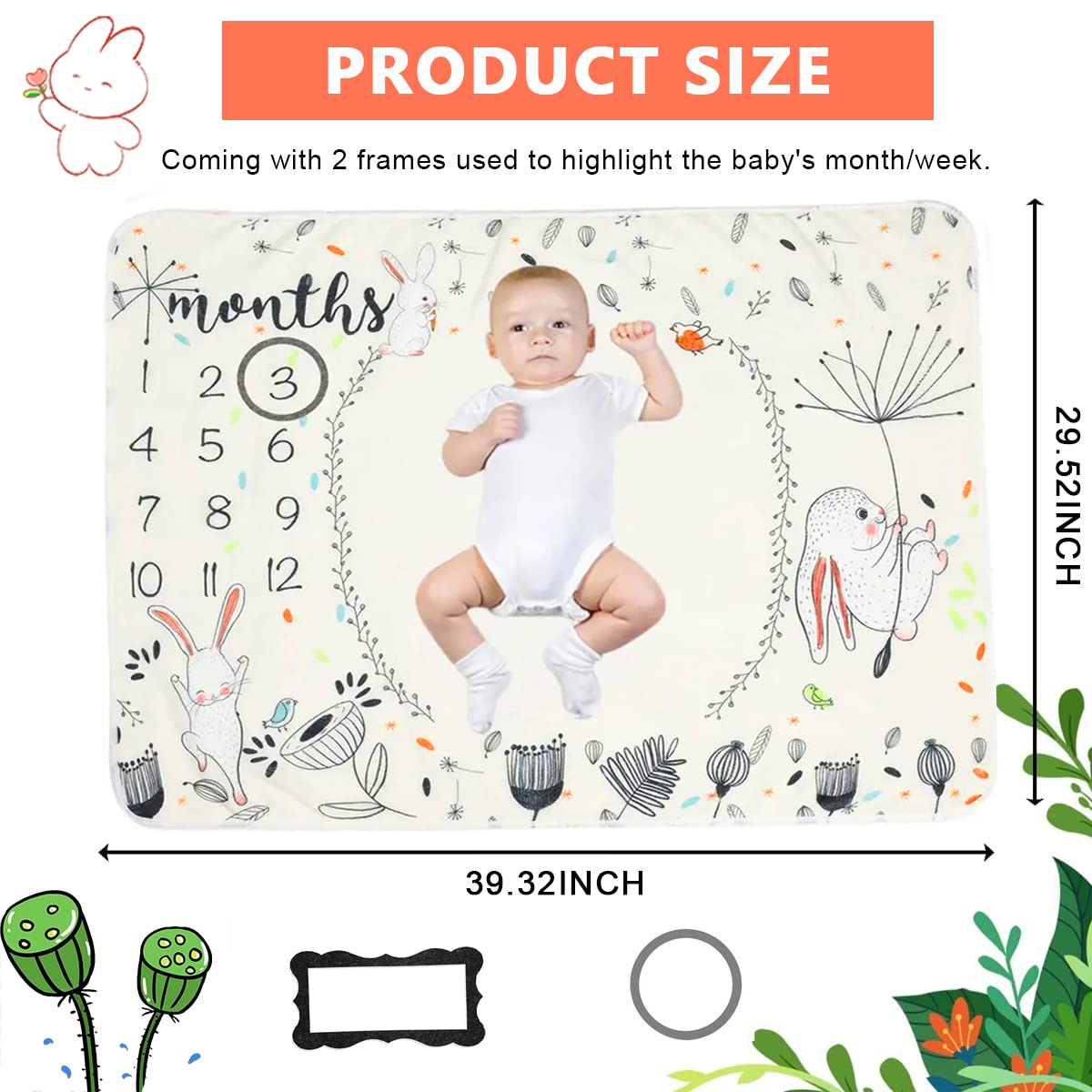 SNOWIE SOFT Baby Milestone Blanket for Photography with 2 Color Frames 29x39 in Flannel | Perfect Baby Shower Gift
