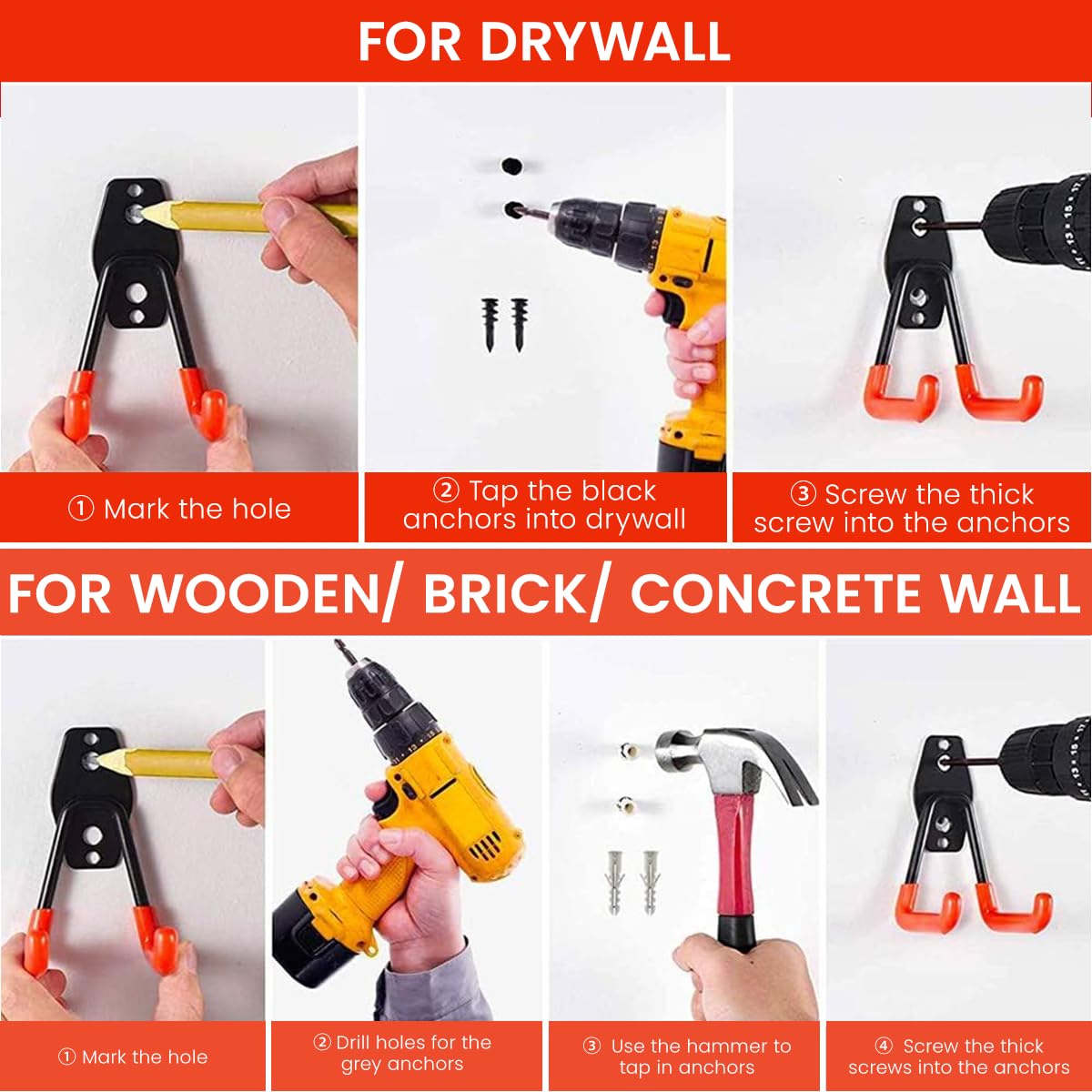 HASTHIP Wall Hooks for Garage Storage with Rubberized Curved Grips and 30kg Load Capacity