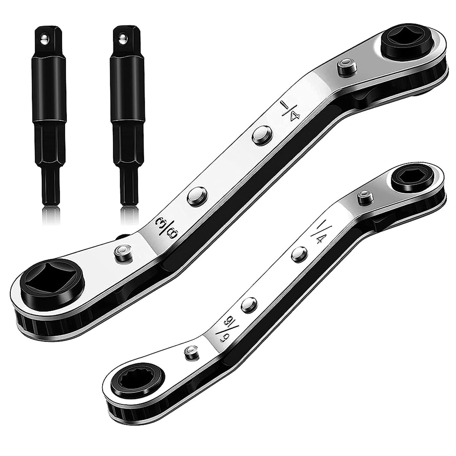 Serplex® Hvac Service Wrench Tool, 3/16'' to 3/8'' 5/16'' x 1/4'' Air Conditioner Valve Ratchet Wrench with 2 Hexagon Bit Adapter Kit Refrigeration Service Wrench Set Car Repair Tool Wrench Tool