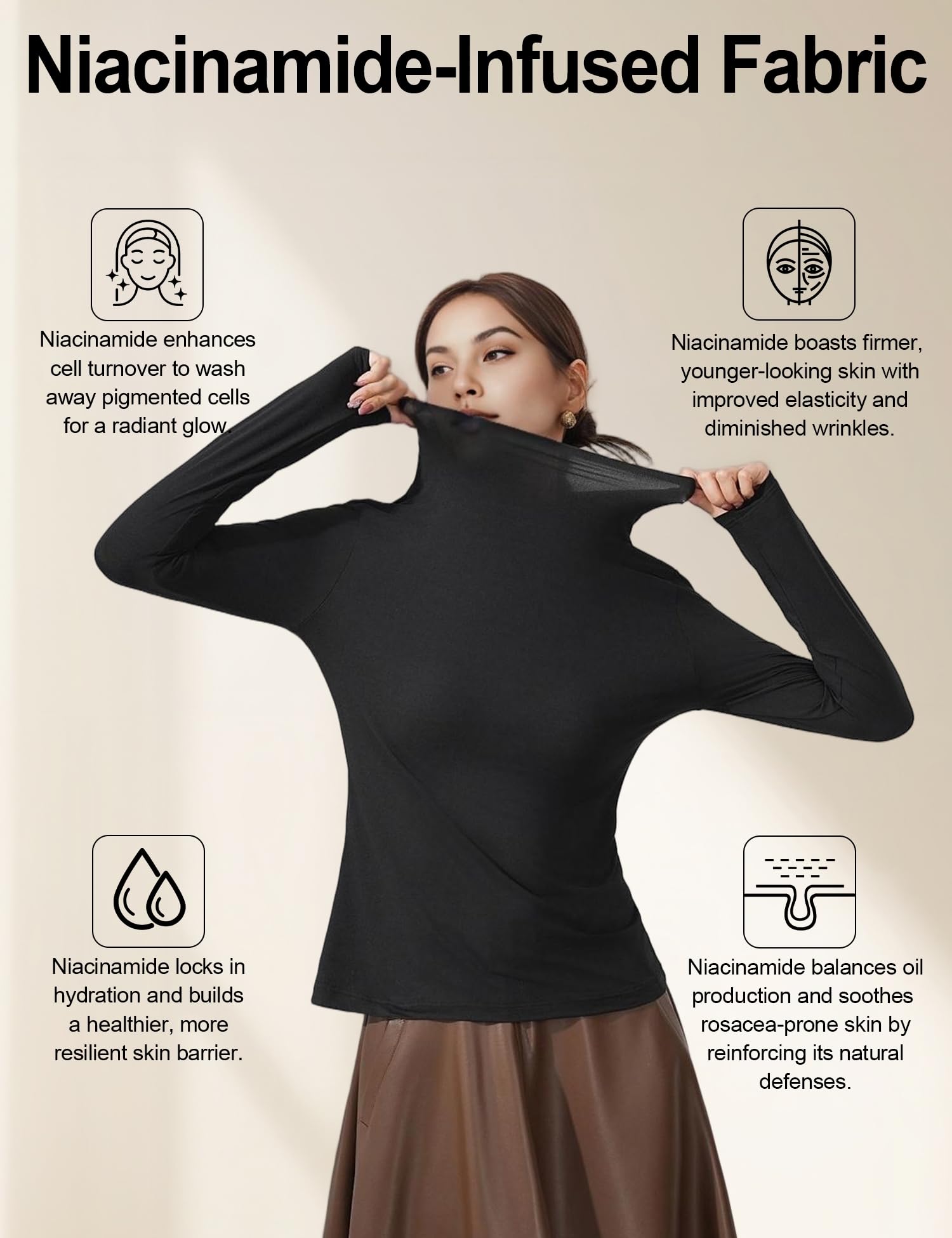Venzina Women’s Long Sleeve Mock Neck Top for Layering with Soft Stretch Fabric | Black XL