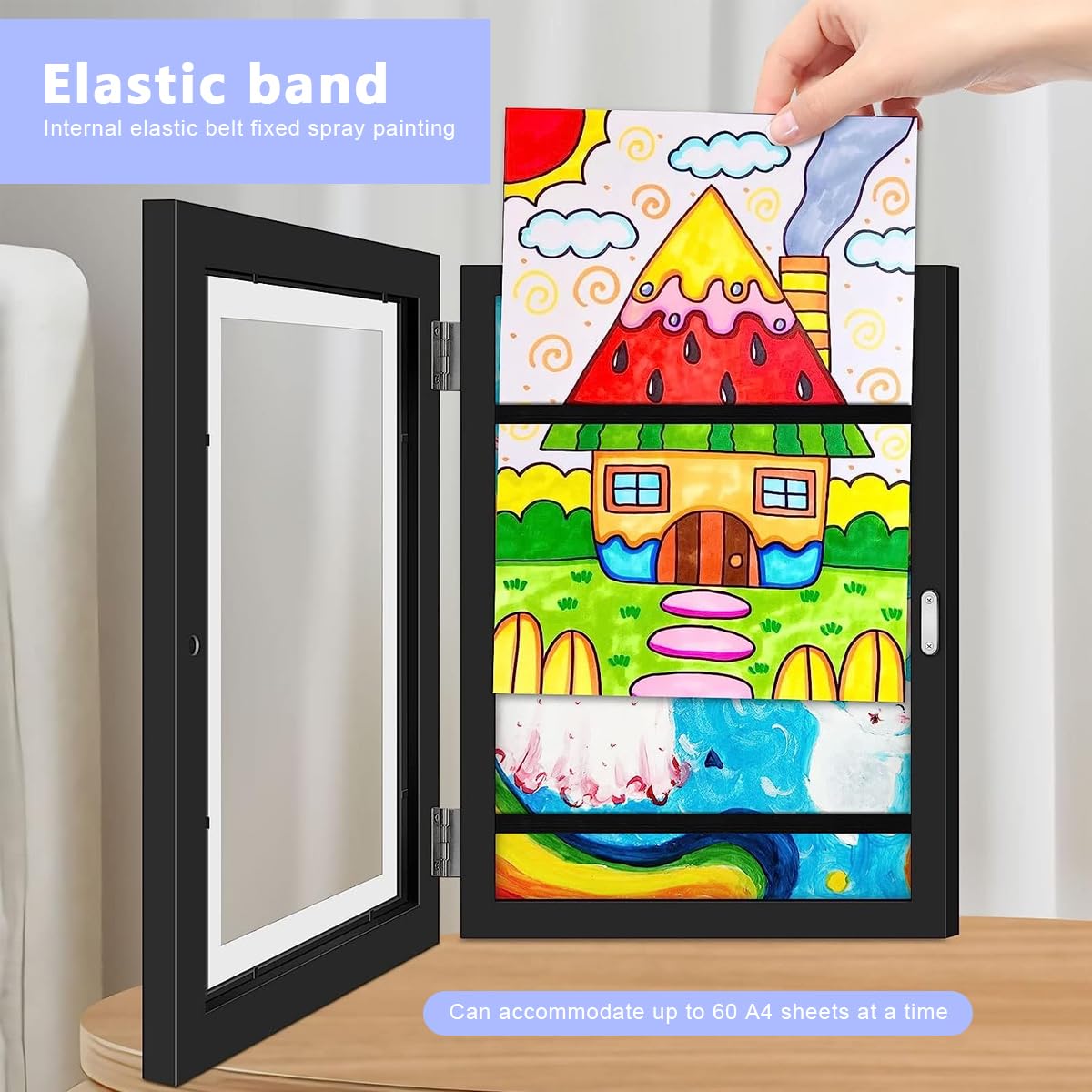 HASTHIP Kids Artwork Picture Frame for 8.3x11.8 in Art with 180° Front Opening Black Wall Display | Holds 50 Pcs