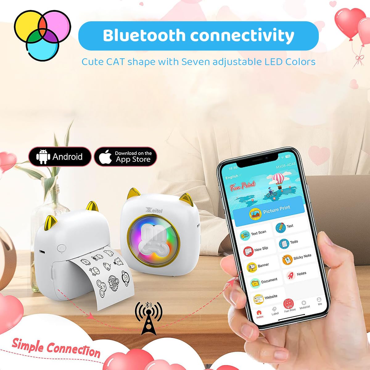 ZEITEL Mini Bluetooth Thermal Printer for Android and iOS with 200DPI Inkfree Print | 10 Roll Paper Gift for Kids