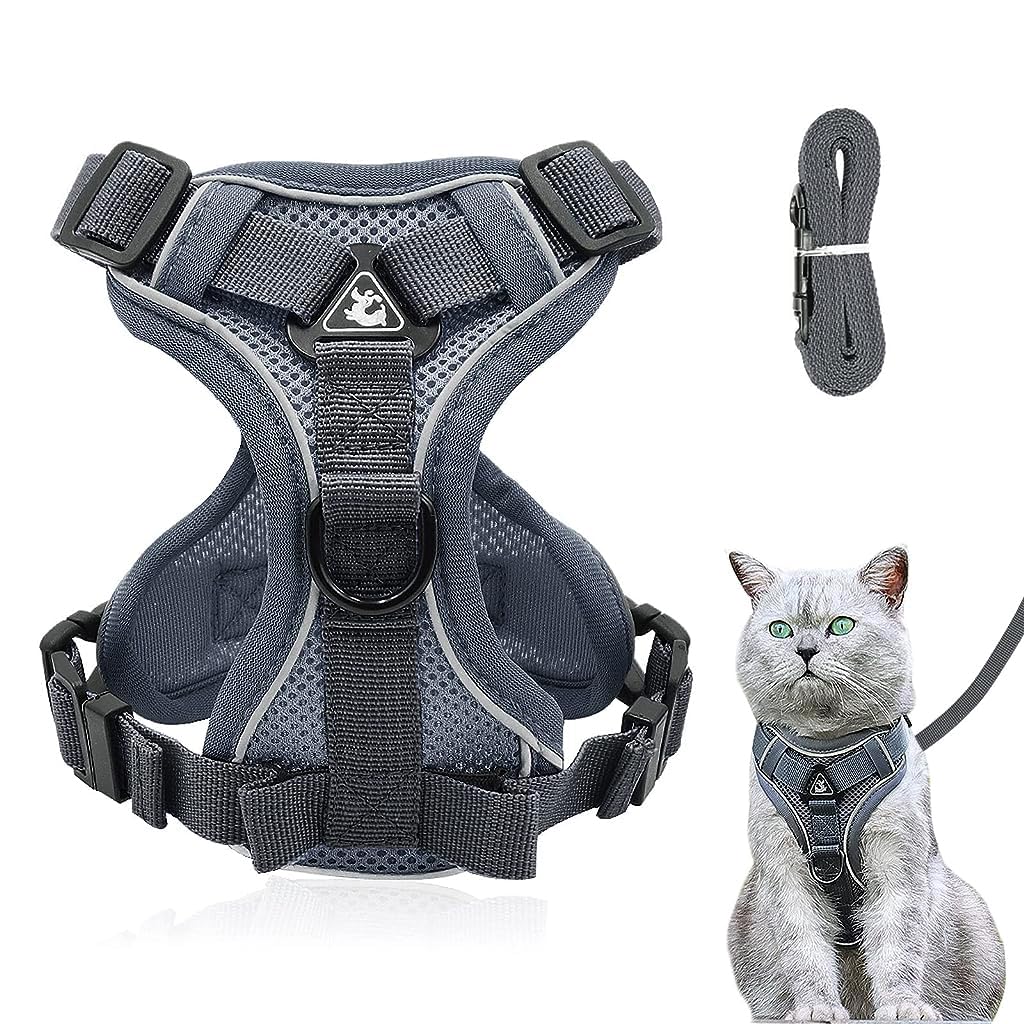 Qpets® Cat Vest Harness with 1.5m Leash Adjustable Size Pet Vest Harness with Quick Release Buckle Breathable Fabric Cat Harness for Small Cat Puppy(S, Grey)