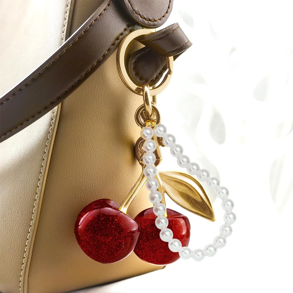 ZORBES Red Cherry Keychain with Faux Pearl Loop for Bags and Keys | Cute Gift for Women