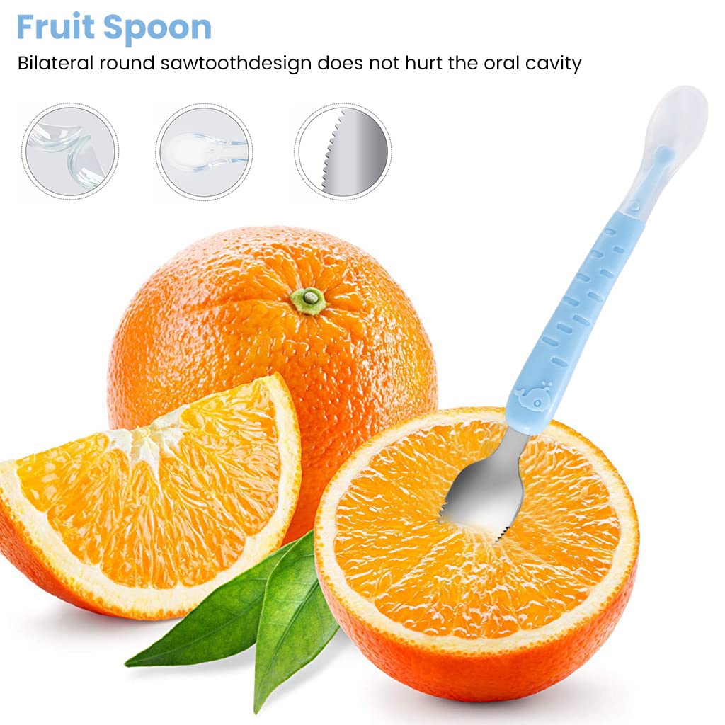 SNOWIE Soft Baby Fruit Spoon Scraper for Feeding with Double Serrated Edge and 22 cm Handle | Food Grade Steel and Silicone for Toddlers