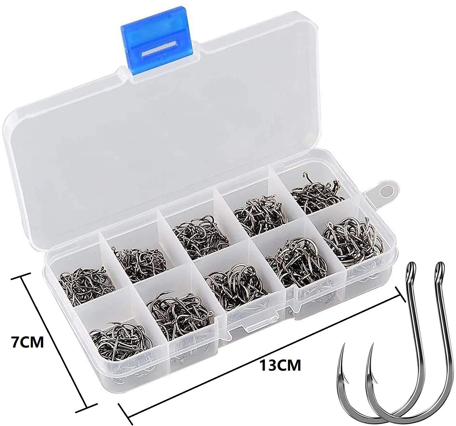 Proberos Fishing Hooks with Barbs 1100 pcs and Plastic Box | High Carbon Steel 10 Sizes