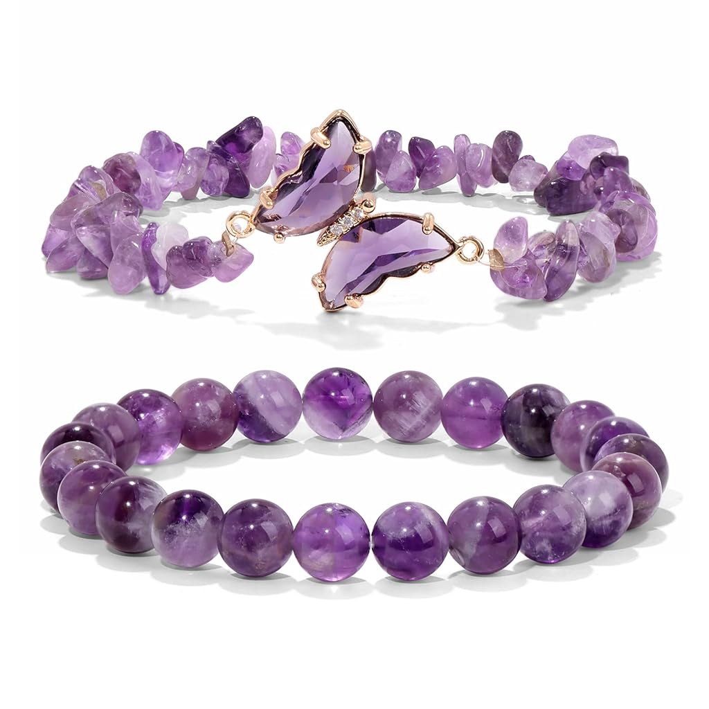 SANNIDHI® Amethyst bracelet for women, anxiety relief amethyst beaded bracelets, butterfly charm healing stone layered bracelet, gift for women - Lavender