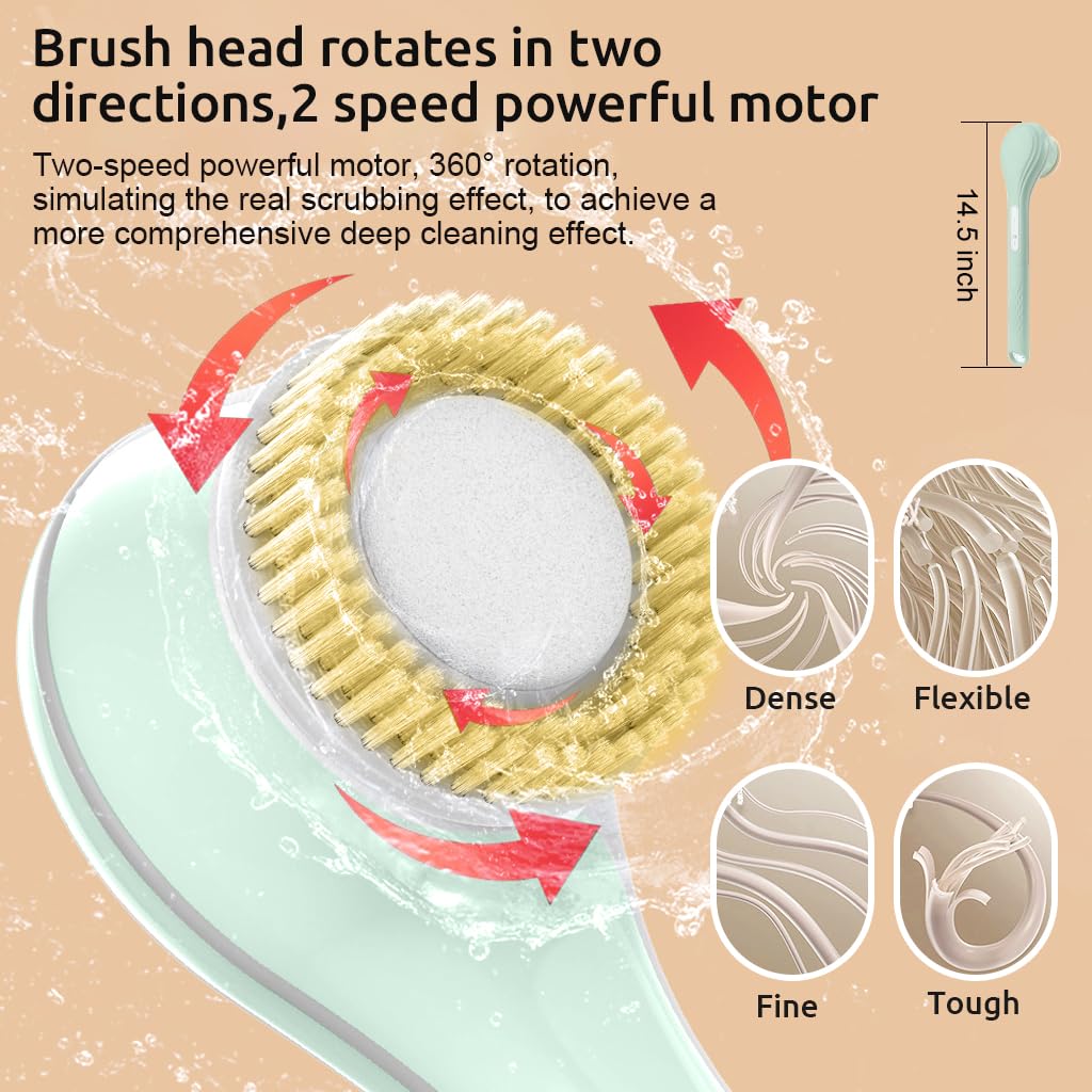 HANNEA® Electric Bath Brush USB Rechargeable IPX7 Ultra Waterproof Bath Brush with 6 Brush Heads & 3 Modes 360° Rotatable Bath Brush 14.5 Inches Long Electric Exfoliation Bath Brush