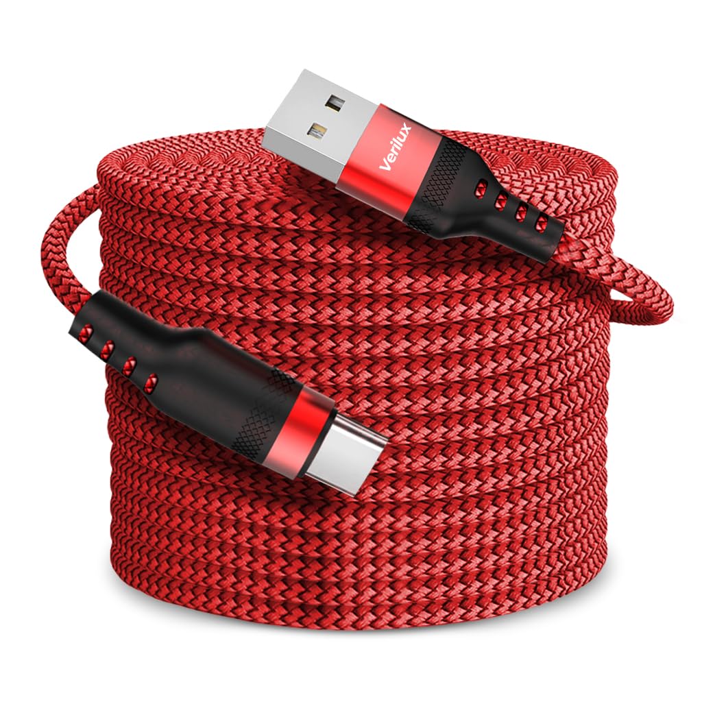 Verilux Type C Cable for Phone and PS5 featuring 8m 26ft Length with Nylon Braid | Red