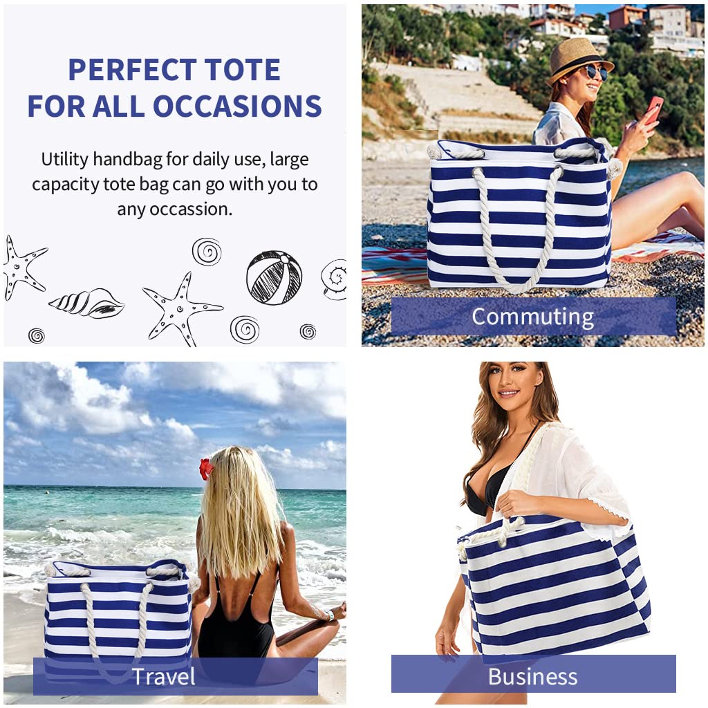 PALAY Hand Bag for Women for Travel and Daily Use featuring Braid Rope Handles and Zipper Closure | 23.6 x 15 x 7.5 in Blue Stripy Cotton Polyester Tote