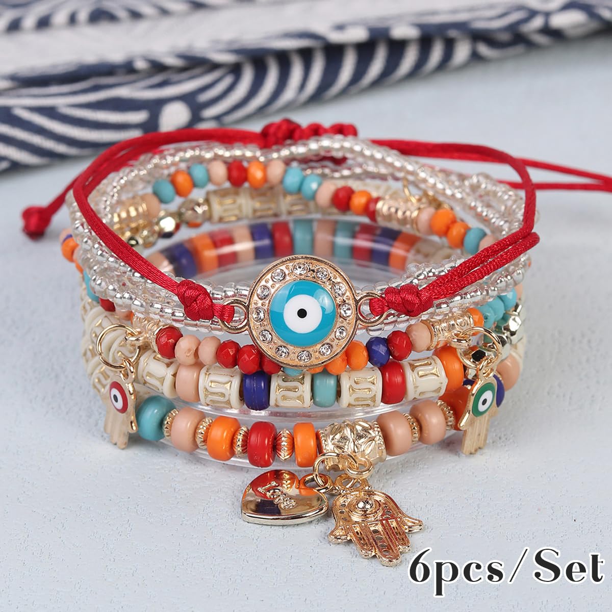 SANNIDHI Boho Evil Eye Bracelet Set for Brother with 6 Layered Beaded Charms | Multicolor Stackable Gift for Women and Girls