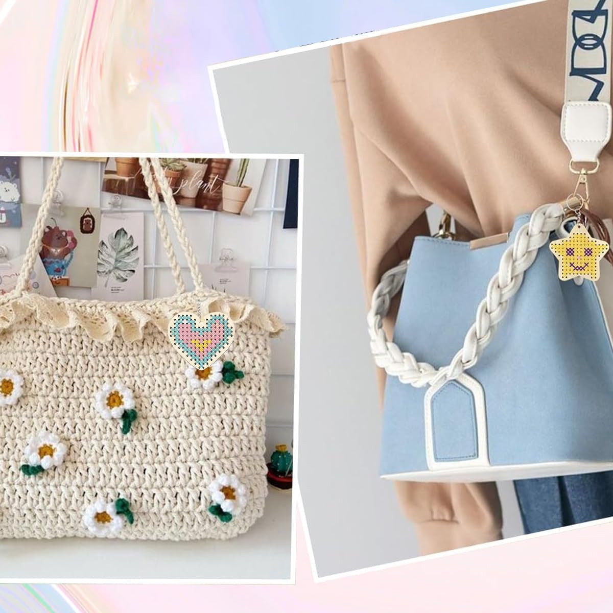 HASTHIP Cross Stitch Keychain Kit for DIY Crafts with 8 Wooden Blanks and 6-Color Yarn