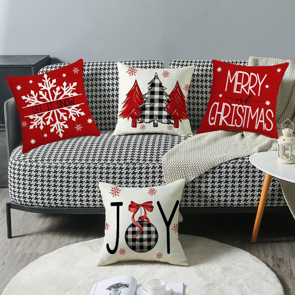 HASTHIP® 4Pcs Christmas Square Pillow Covers 15.7 inches Square  Linen Printed Pillow Cover Classic Christmas Sofa Pillow Covers Square  Pillow Covers for Christmas