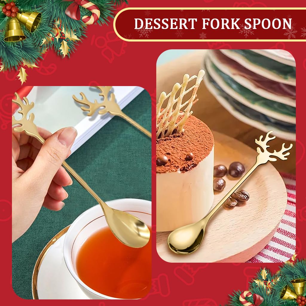 HASTHIP Christmas Spoon Set for Coffee and Dessert with Elk Antler Handles | 4-Piece Golden Stainless Steel Gift